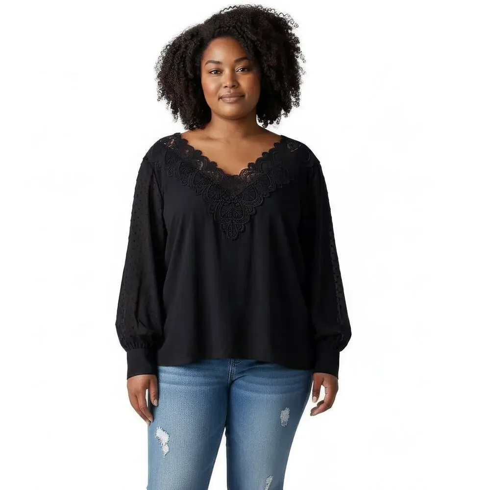 Venus Black Blouse Swiss Dot Lace Detail Top 2X